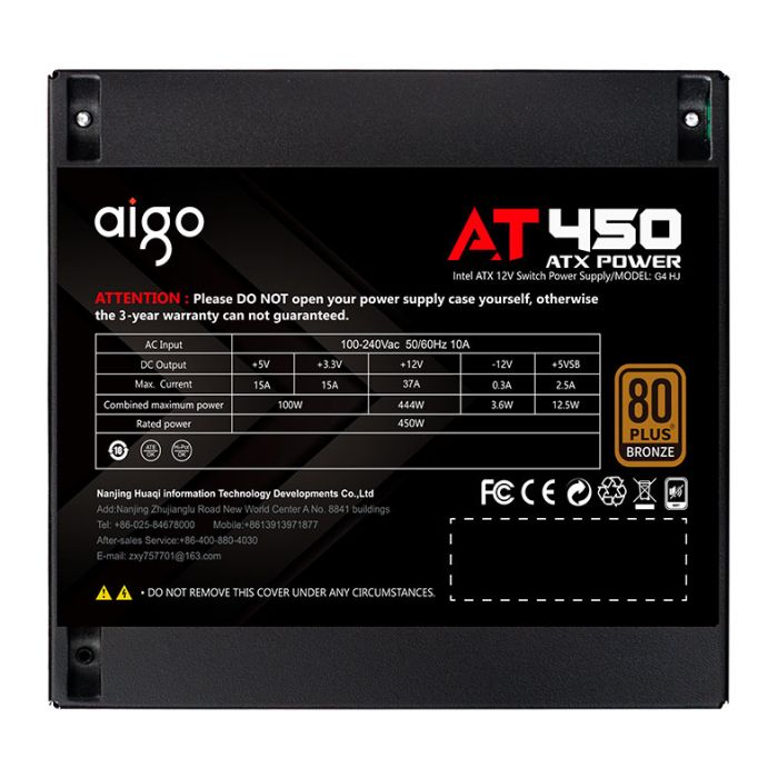 Fonte Aigo Darkflash AT450, 450W, 80 Plus Bronze, PFC ativo, Preto, AG-AT450-BK