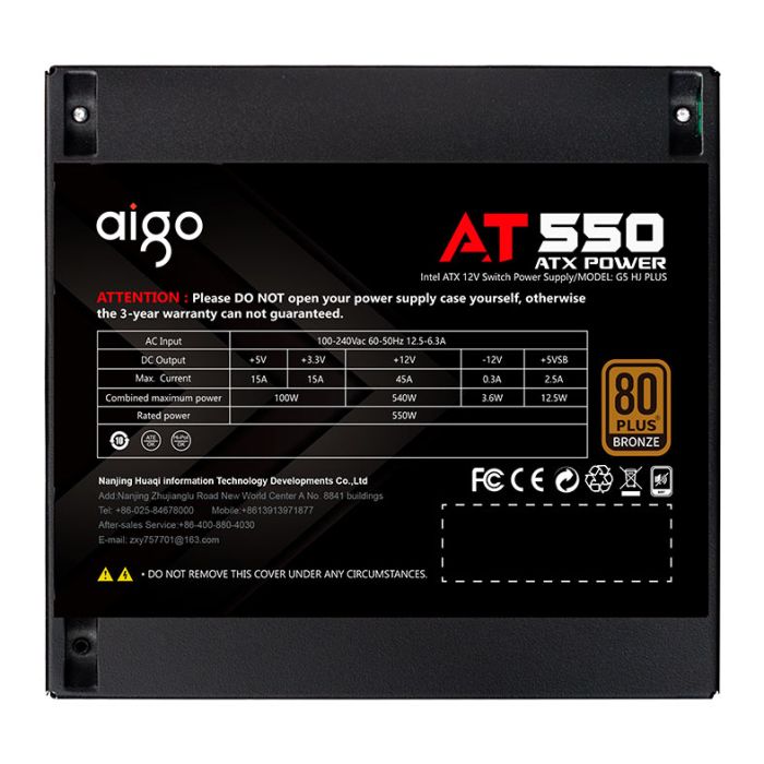 Fonte Aigo Darkflash AT550, 550W, 80 Plus Bronze, PFC ativo, Preto, AG-AT550-BK-OEM