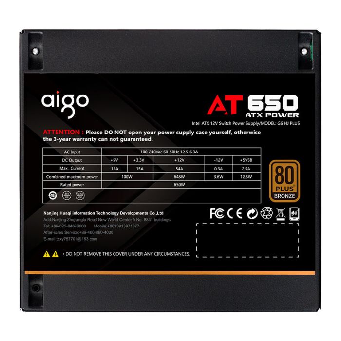 Fonte Aigo Darkflash AT650, 650W, 80 Plus Bronze, PFC ativo, Preto, AG-AT650-BK-OEM