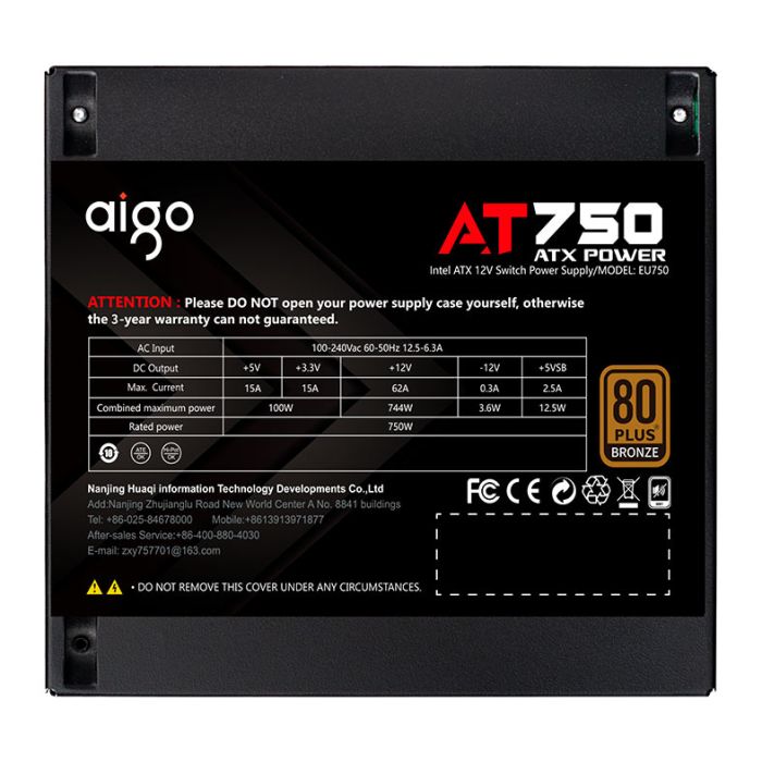 Fonte Aigo Darkflash AT750, 750W, 80 Plus Bronze, PFC ativo, Preto, AG-AT750-BK