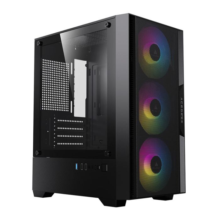 Gabinete Gamer Acegeek Stratus Mesh, Rainbow, Mid-Tower, Lateral de Vidro, Com 3 Fans, Preto, AG-STRATUS-MESH-BK-I3F