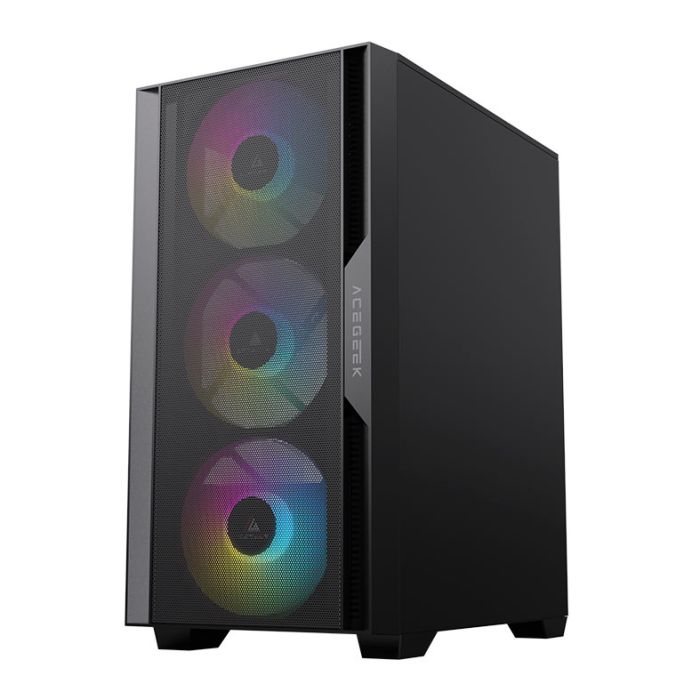 Gabinete Gamer Acegeek Stratus Mesh, Rainbow, Mid-Tower, Lateral de Vidro, Com 3 Fans, Preto, AG-STRATUS-MESH-BK-I3F