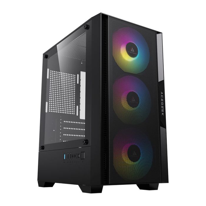 Gabinete Gamer Acegeek Stratus Mesh, Rainbow, Mid-Tower, Lateral de Vidro, Com 3 Fans, Preto, AG-STRATUS-MESH-BK-I3F