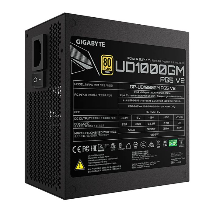 Fonte Gigabyte UD1000GM PG5 V2, 1000W, ATX 3.1, PCIe 5.1, Full-Modular, 80 Plus Gold, Preto, GP-UD1000GM-PG5-V2