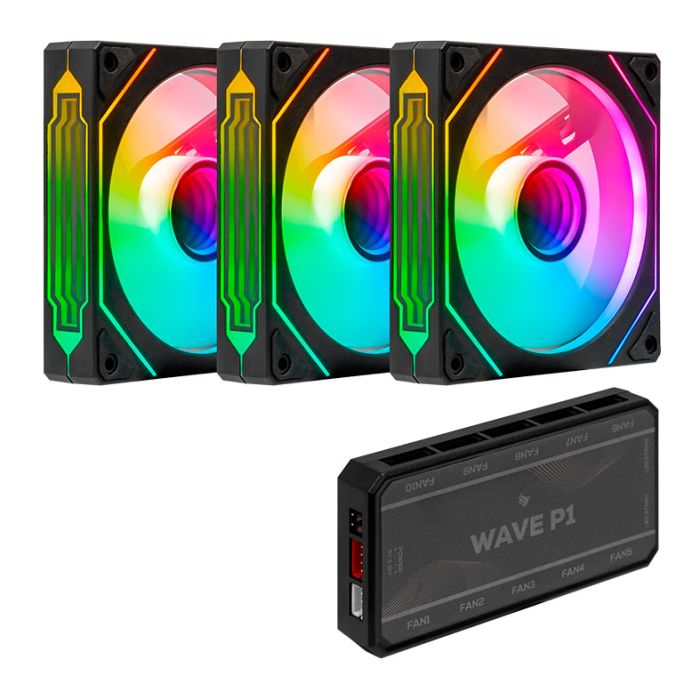 Kit Ventoinhas Pichau Wave P1, ARGB, 3x120mm + Controladora, Preto, PG-WPRGB-BK01